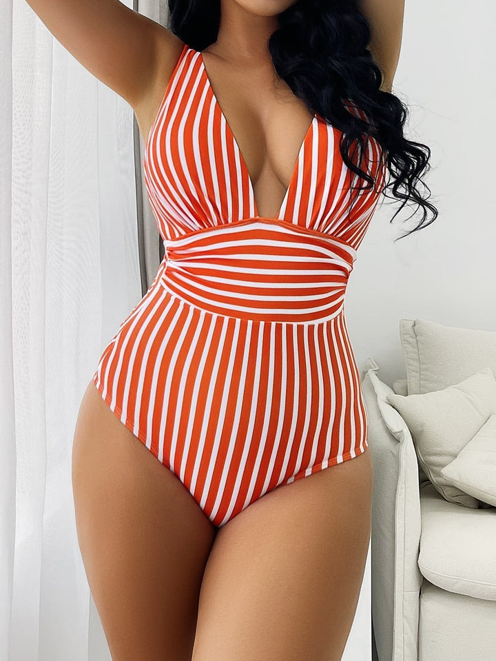Women's Striped V-Neck Swimsuit – Sleeveless Elegant Swimwear