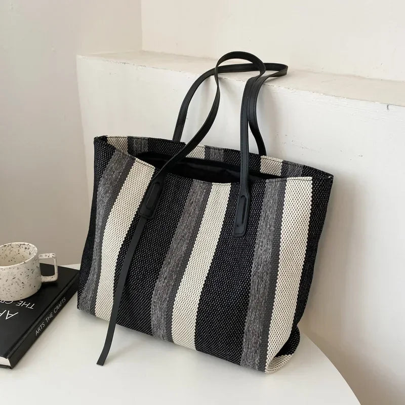 Straw Bag Women – Large Raffia Beach Bag Striped with Zipper