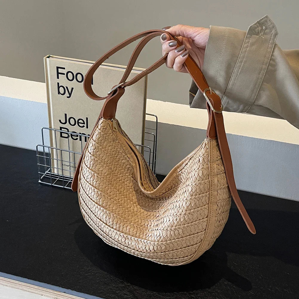 Women's Straw Bag Summer – Handmade Boho Beach Bag with Zipper