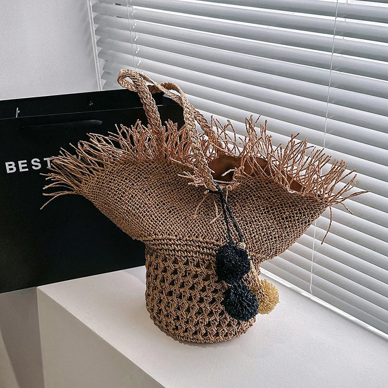 Large Straw Bag Women – Handmade Beach Bag Summer Shopper