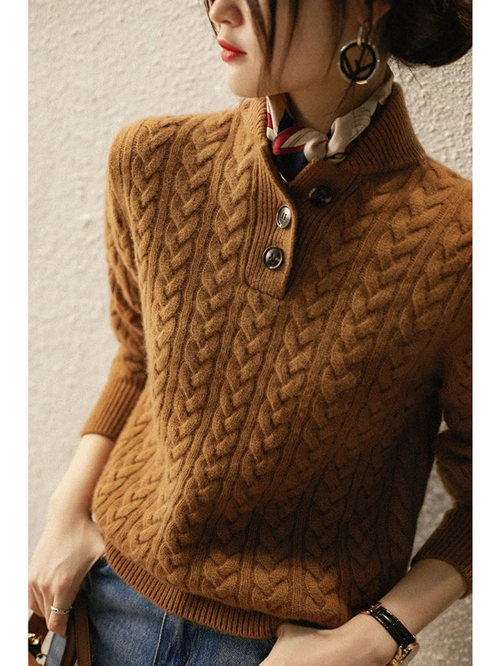 Pull pour femme en maille torsadée, col boutonné, coupe droite