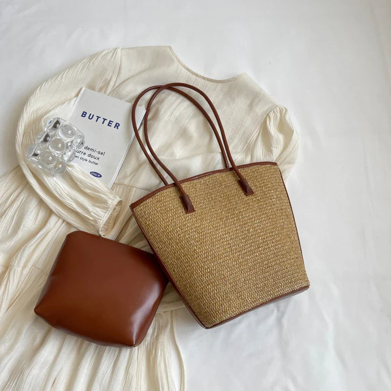 Straw bag women – Handmade beach bag with leather handles & zipper