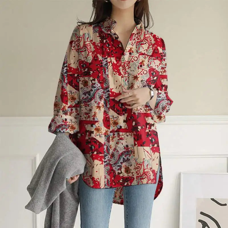 Women's Colorful Patterned Blouse with Button Placket – Loose Long-Sleeve Shirt