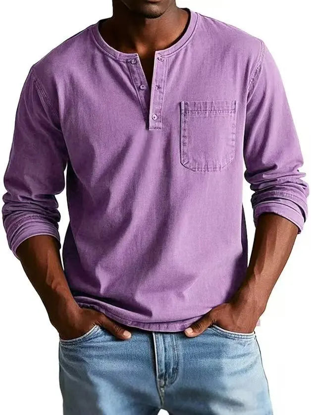 Herren Geknöpftes Rundhals Langarm Denim Hemd – Casual Henley