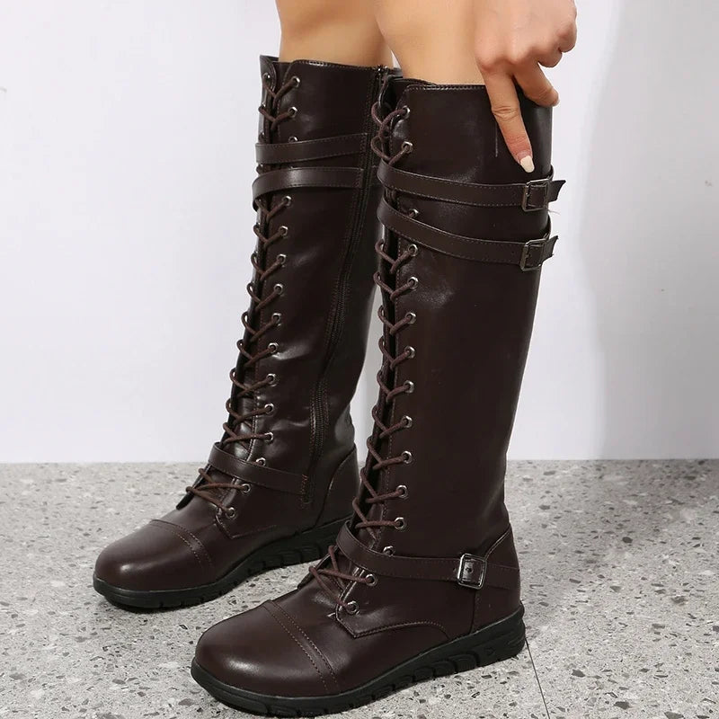 Damen knöchelhohe Schnürstiefel mit Schnallenriemen und seitlichem Reißverschluss