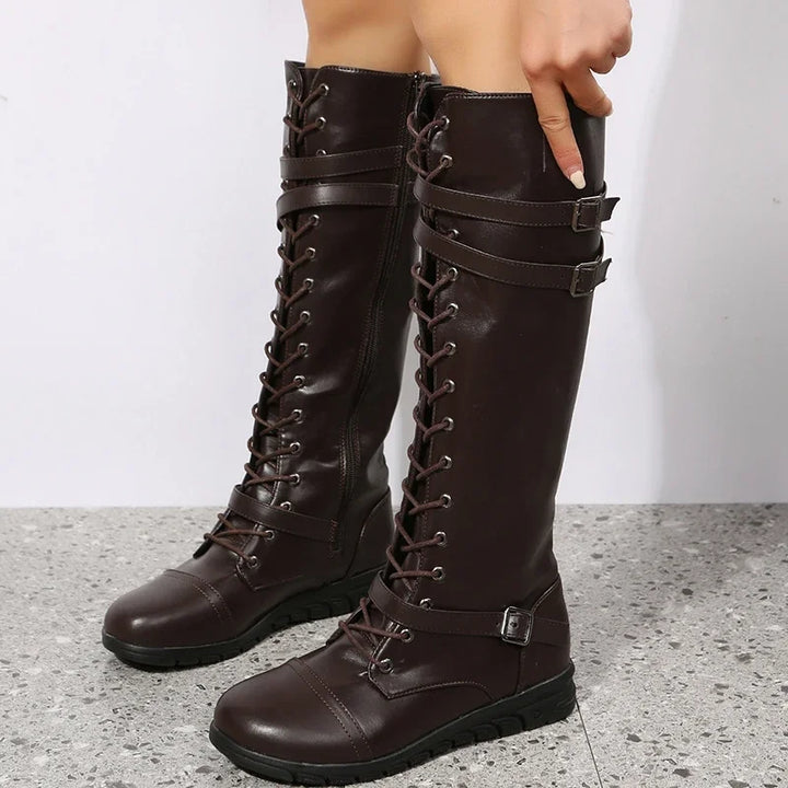 Damen knöchelhohe Schnürstiefel mit Schnallenriemen und seitlichem Reißverschluss