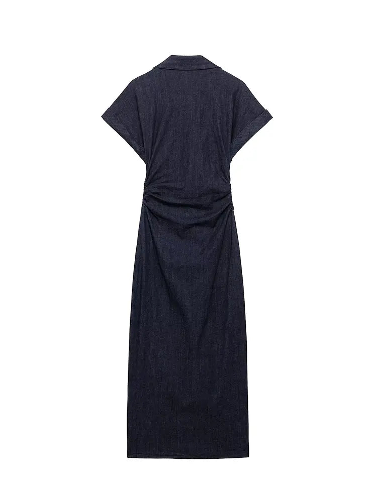 Robe midi pour femmes en denim avec patte de boutonnage et ceinture à la taille – robe d'été décontractée et chic