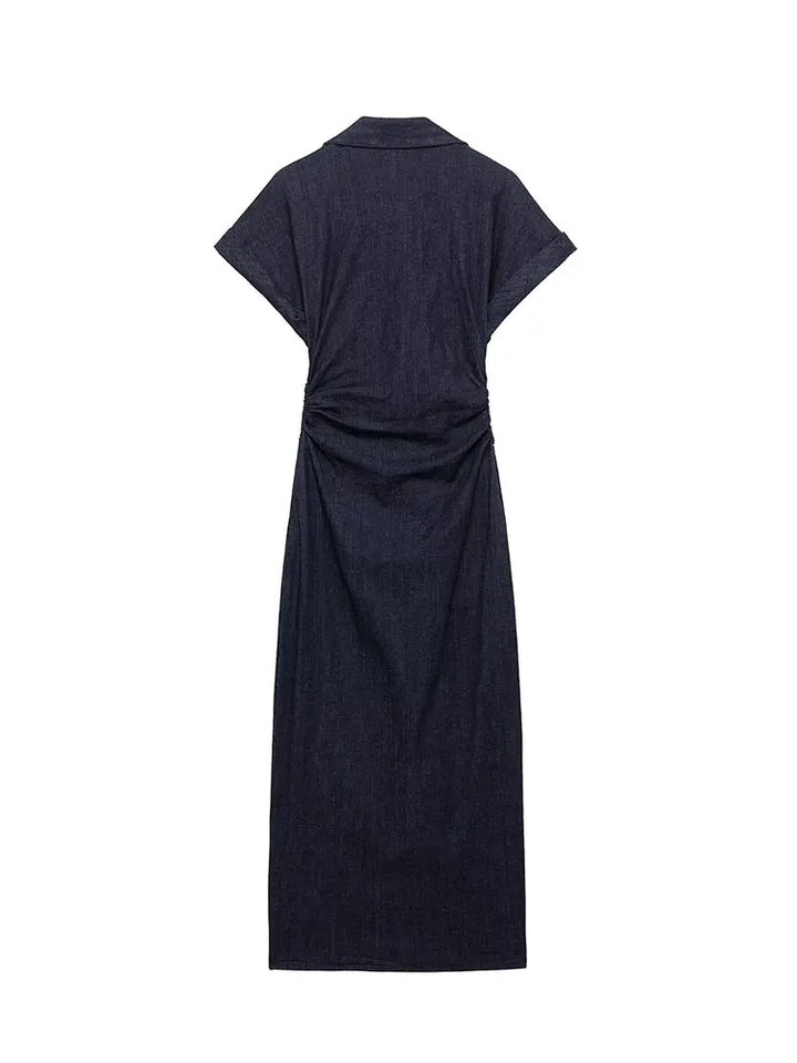 Robe midi pour femmes en denim avec patte de boutonnage et ceinture à la taille – robe d'été décontractée et chic