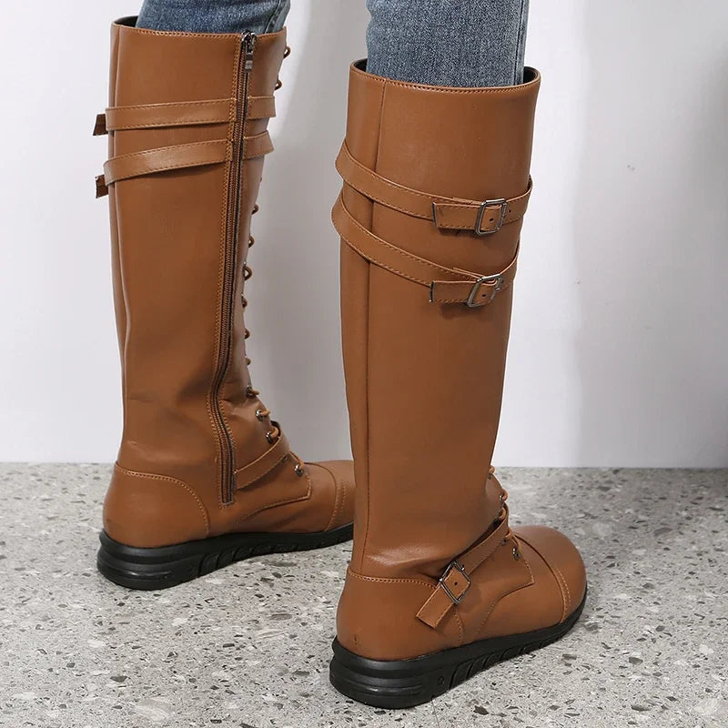 Damen knöchelhohe Schnürstiefel mit Schnallenriemen und seitlichem Reißverschluss