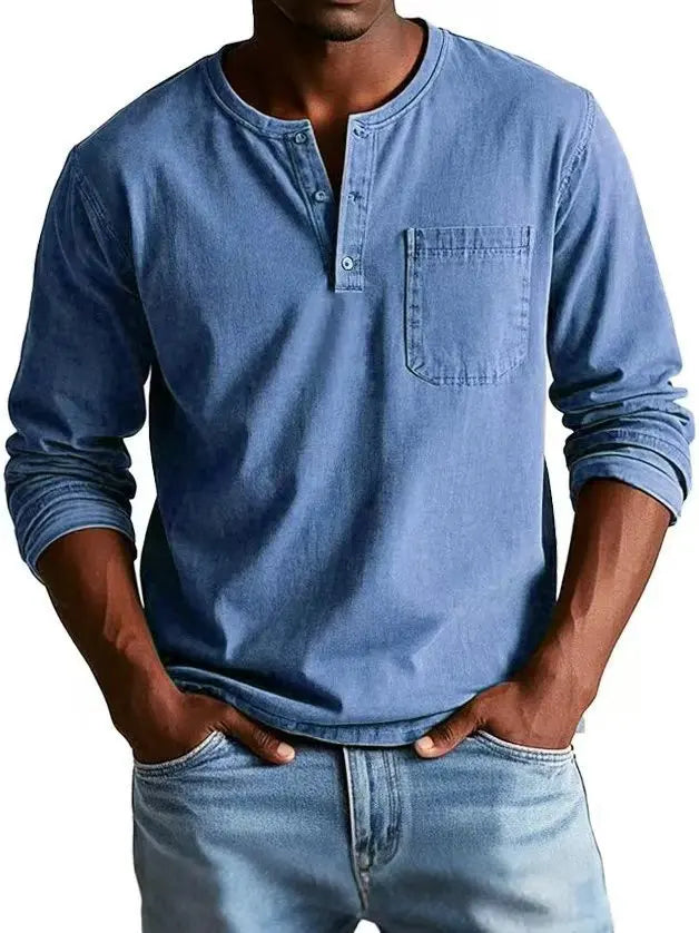 Herren Geknöpftes Rundhals Langarm Denim Hemd – Casual Henley