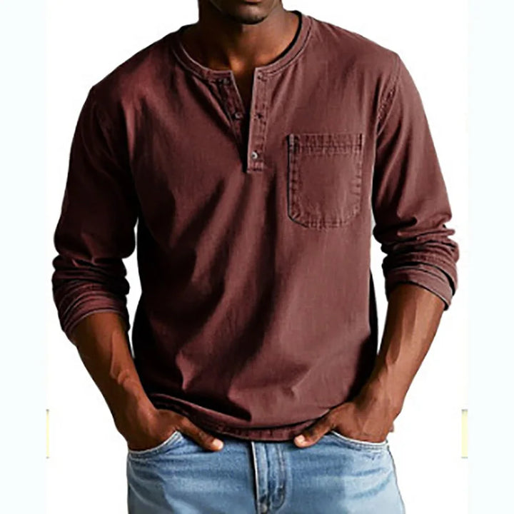 Herren Geknöpftes Rundhals Langarm Denim Hemd – Casual Henley