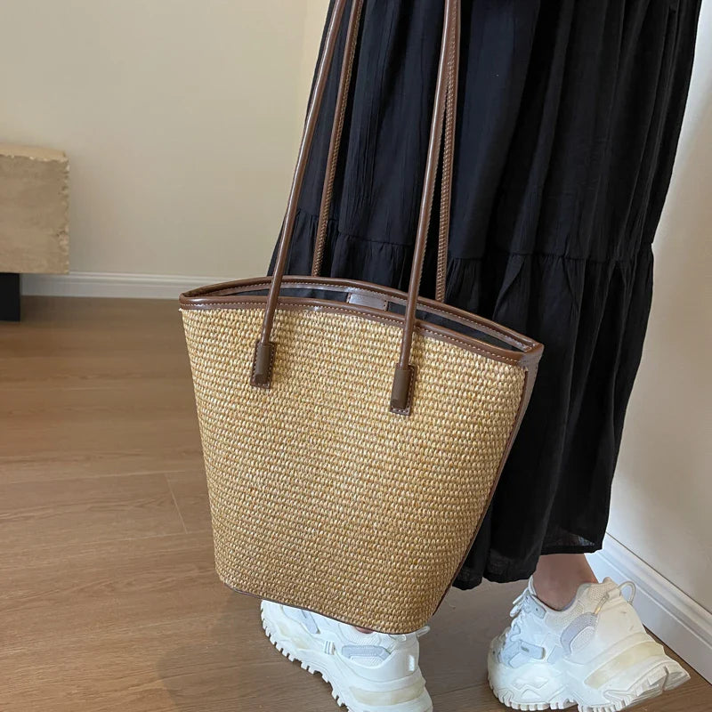 Straw bag women – Handmade beach bag with leather handles & zipper