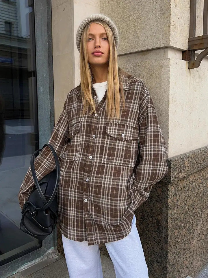 Chemise en flanelle à carreaux vintage pour femme – Chemise à manches longues ample