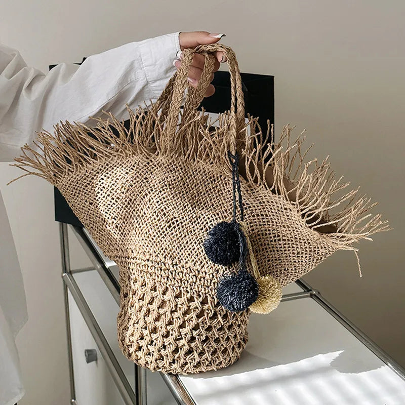Large Straw Bag Women – Handmade Beach Bag Summer Shopper