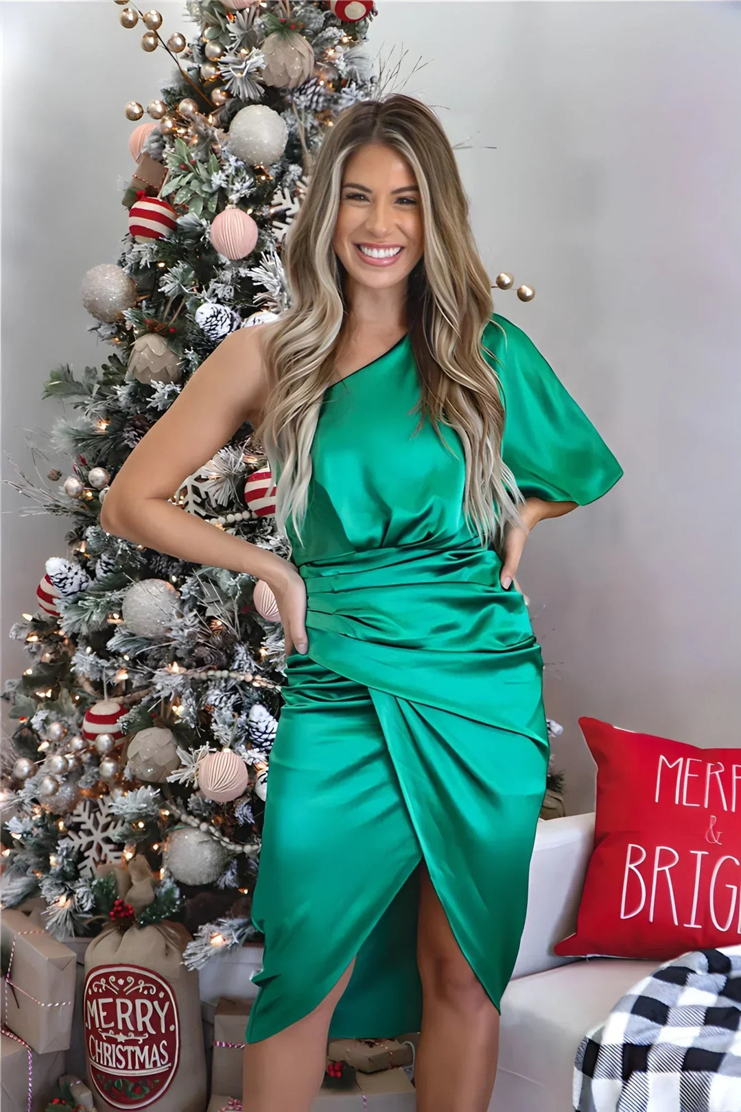 Women's satin dress one-shoulder with slit