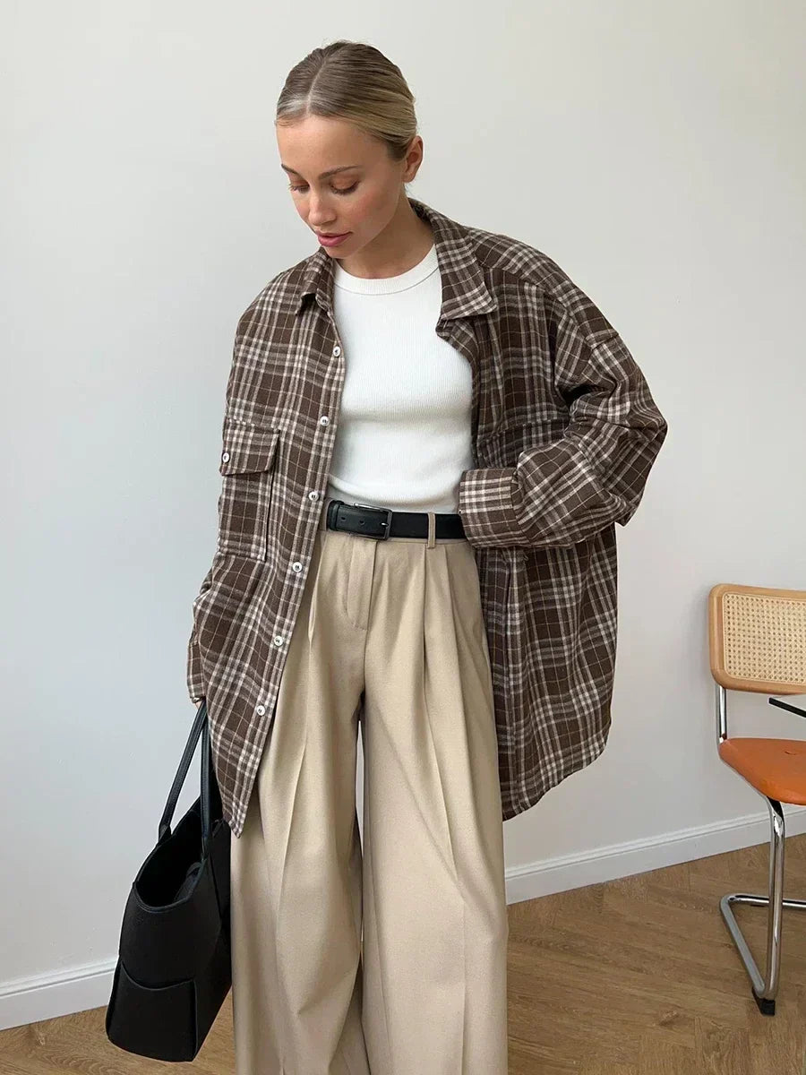 Chemise en flanelle à carreaux vintage pour femme – Chemise à manches longues ample