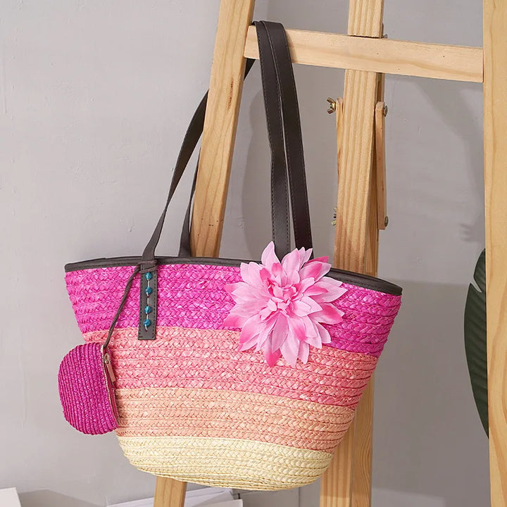 Large Straw Bag Women – Handmade Beach Bag with Vegan Leather Straps