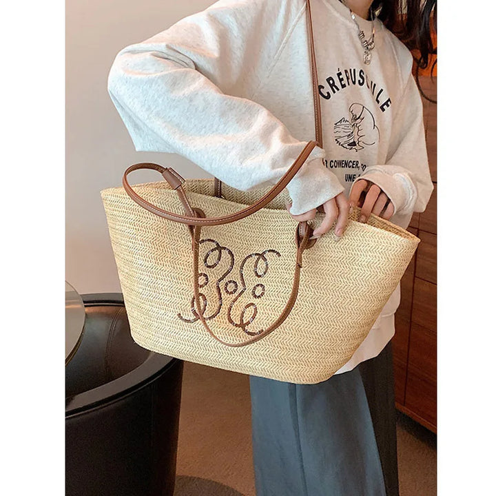 Boho Straw Bag Women – Handmade Beach Bag with Drawstring & Tassels