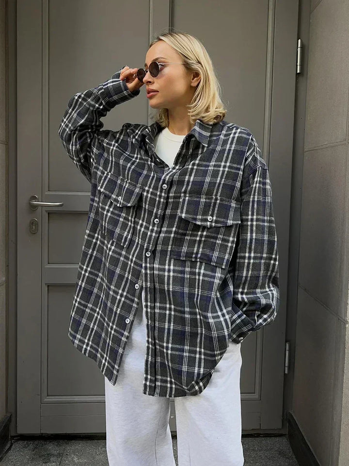 Chemise en flanelle à carreaux vintage pour femme – Chemise à manches longues ample