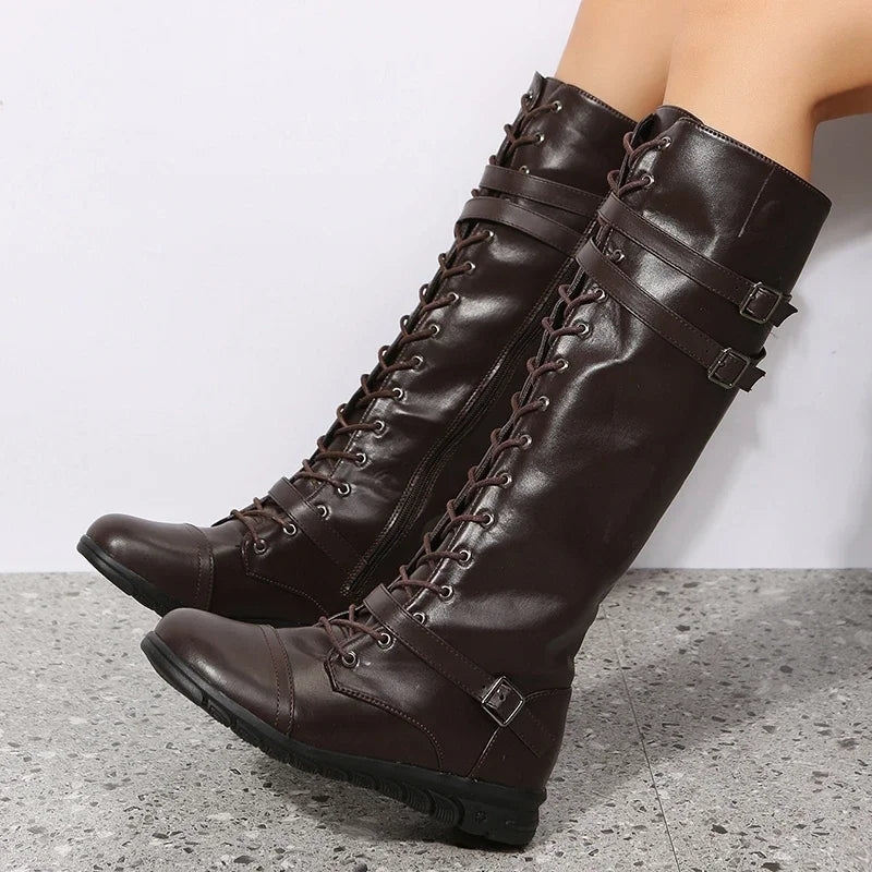 Damen knöchelhohe Schnürstiefel mit Schnallenriemen und seitlichem Reißverschluss