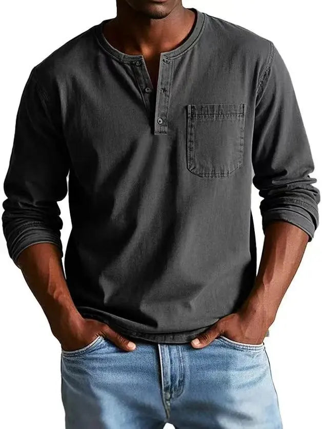 Herren Geknöpftes Rundhals Langarm Denim Hemd – Casual Henley