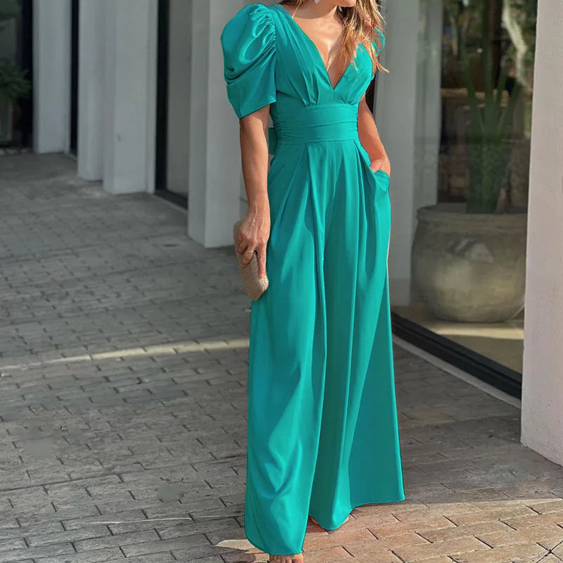 Damen Jumpsuit Polyester Elegant Puffärmel Taillengürtel Sommer Outfit