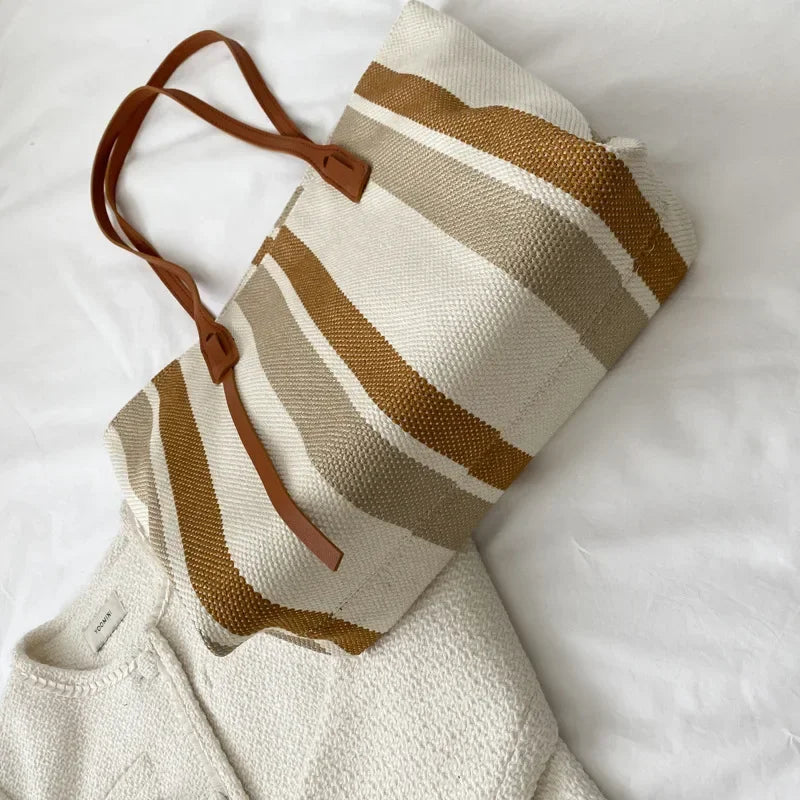 Straw Bag Women – Large Raffia Beach Bag Striped with Zipper