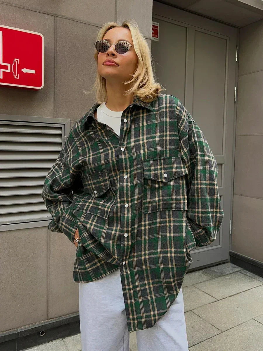 Chemise en flanelle à carreaux vintage pour femme – Chemise à manches longues ample