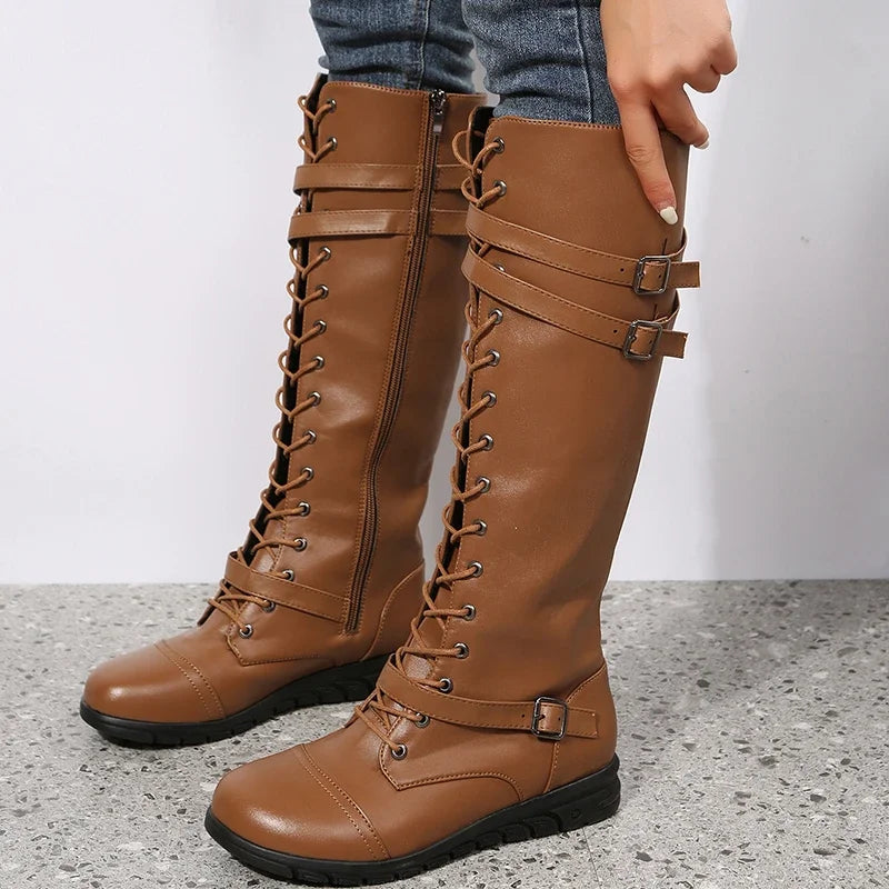 Damen knöchelhohe Schnürstiefel mit Schnallenriemen und seitlichem Reißverschluss