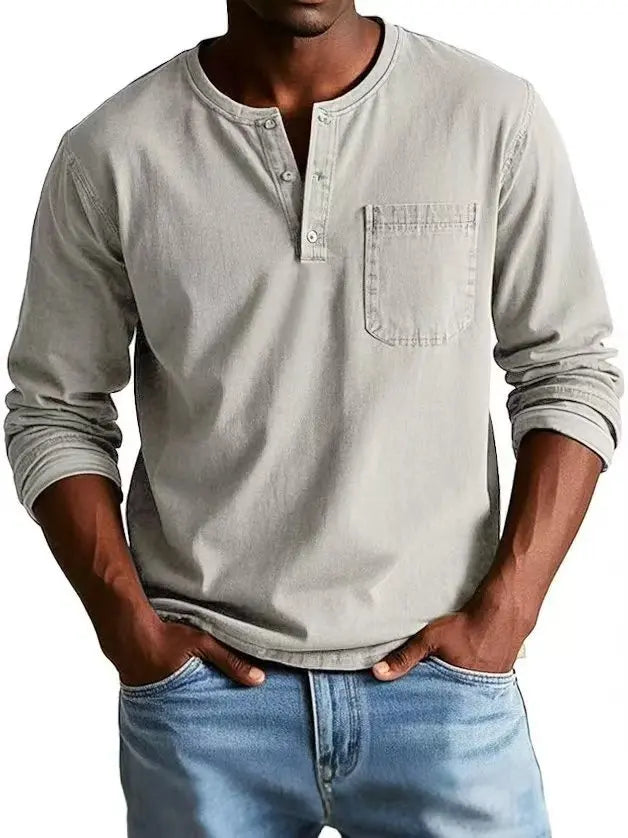 Herren Geknöpftes Rundhals Langarm Denim Hemd – Casual Henley