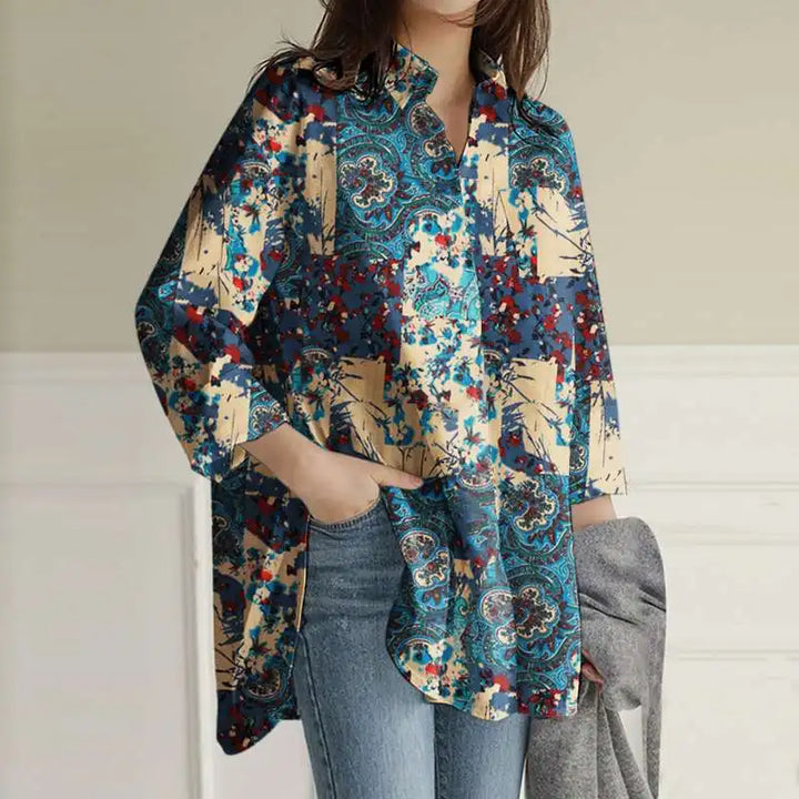 Women's Colorful Patterned Blouse with Button Placket – Loose Long-Sleeve Shirt