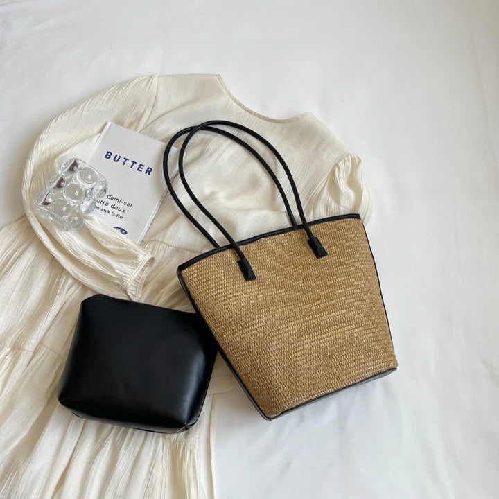Straw bag women – Handmade beach bag with leather handles & zipper