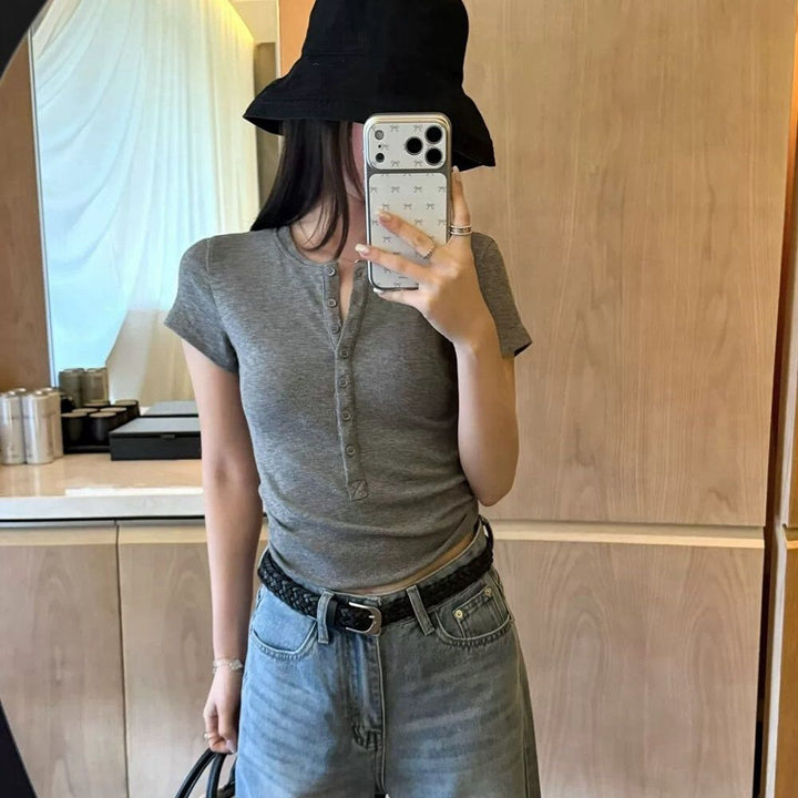 Women's Short Sleeve T-Shirt With Button Placket – Casual Slim Fit Top