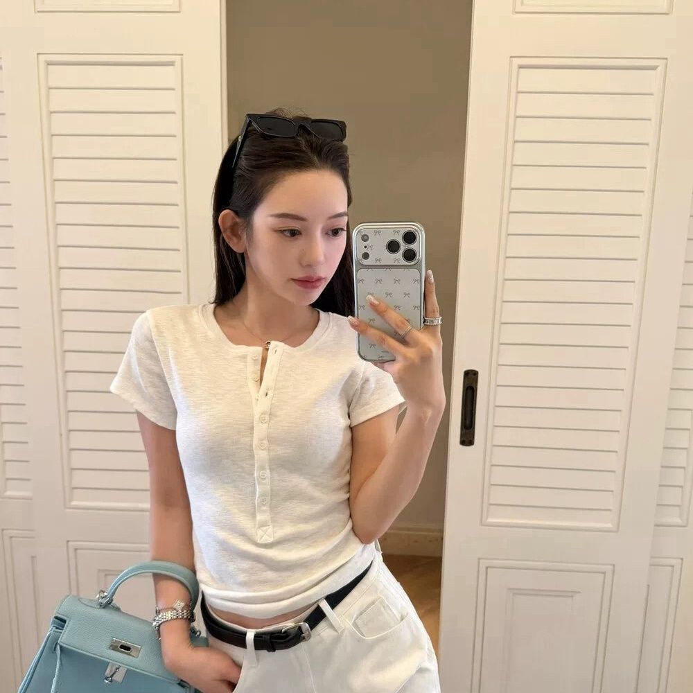 Women's Short Sleeve T-Shirt With Button Placket – Casual Slim Fit Top