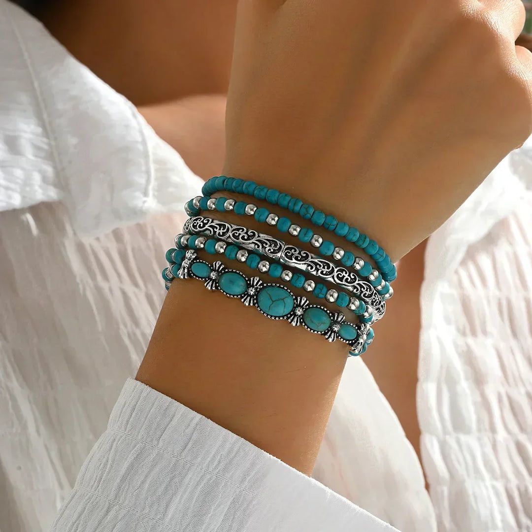 Damen Elegantes Mehrreihiges Türkis Perlenarmband – Layer Armband