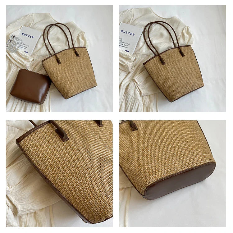 Straw bag women – Handmade beach bag with leather handles & zipper