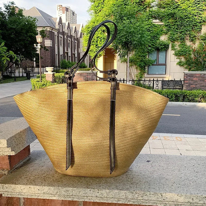 Luxury Boho Straw Bag Women – Handmade Beach Bag with Vegan Leather