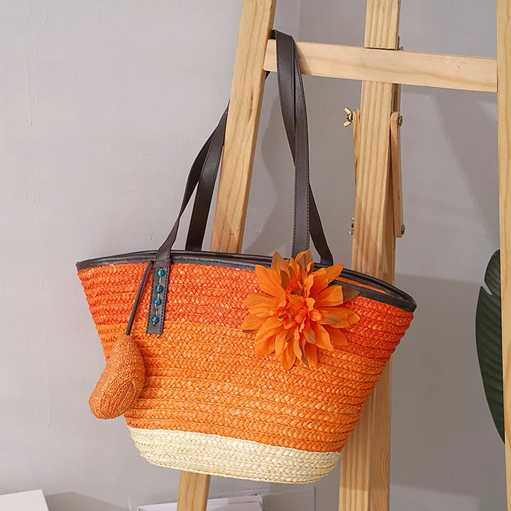 Large Straw Bag Women – Handmade Beach Bag with Vegan Leather Straps
