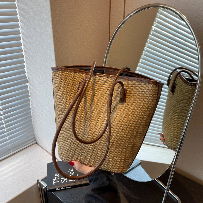 Straw bag women – Handmade beach bag with leather handles & zipper