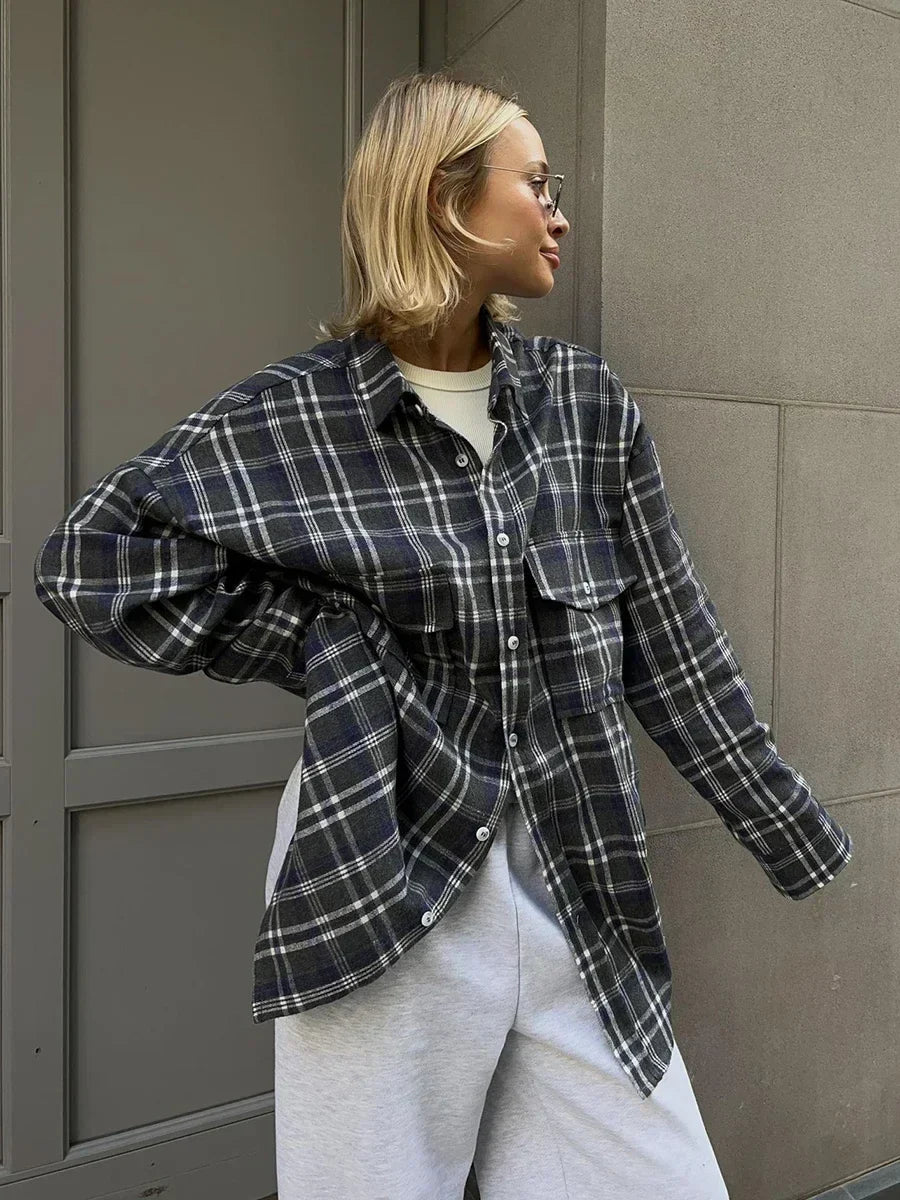 Chemise en flanelle à carreaux vintage pour femme – Chemise à manches longues ample