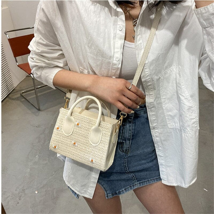 Sac en paille pour femmes – Sac à main tressé avec des accents floraux