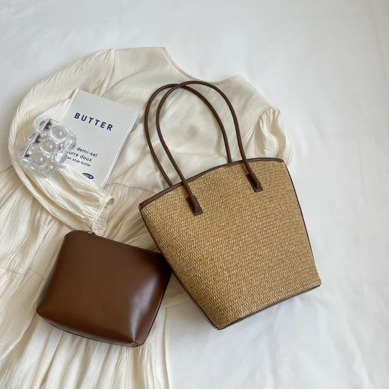 Straw bag women – Handmade beach bag with leather handles & zipper