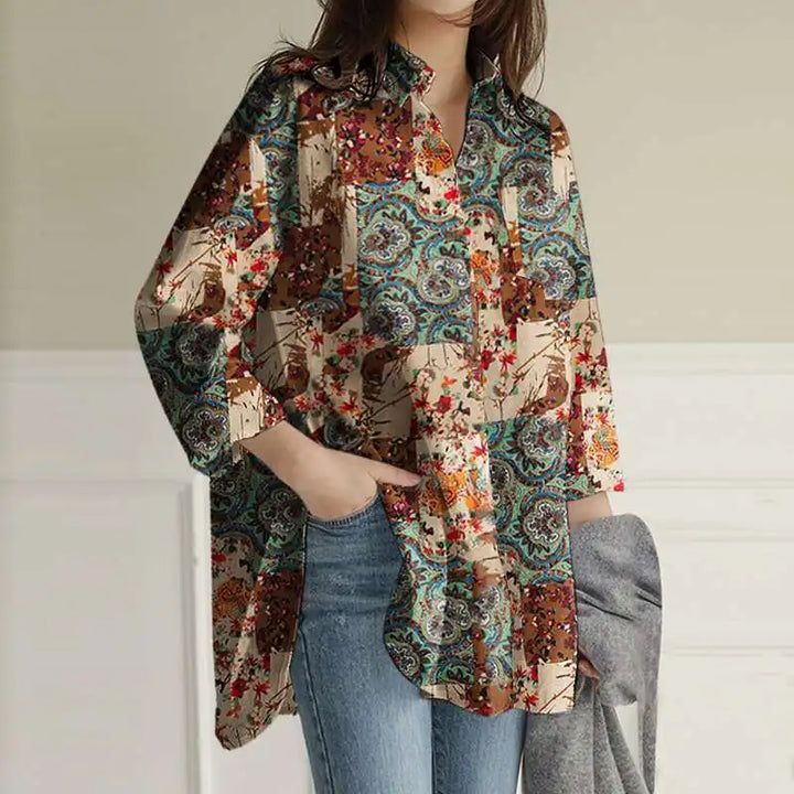 Women's Colorful Patterned Blouse with Button Placket – Loose Long-Sleeve Shirt