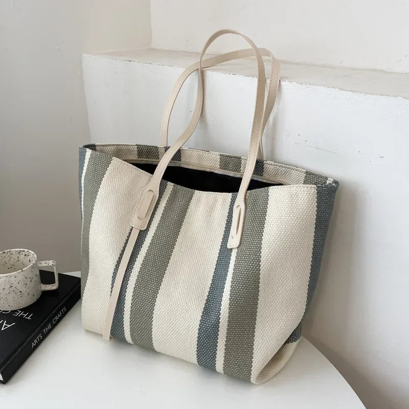 Straw Bag Women – Large Raffia Beach Bag Striped with Zipper