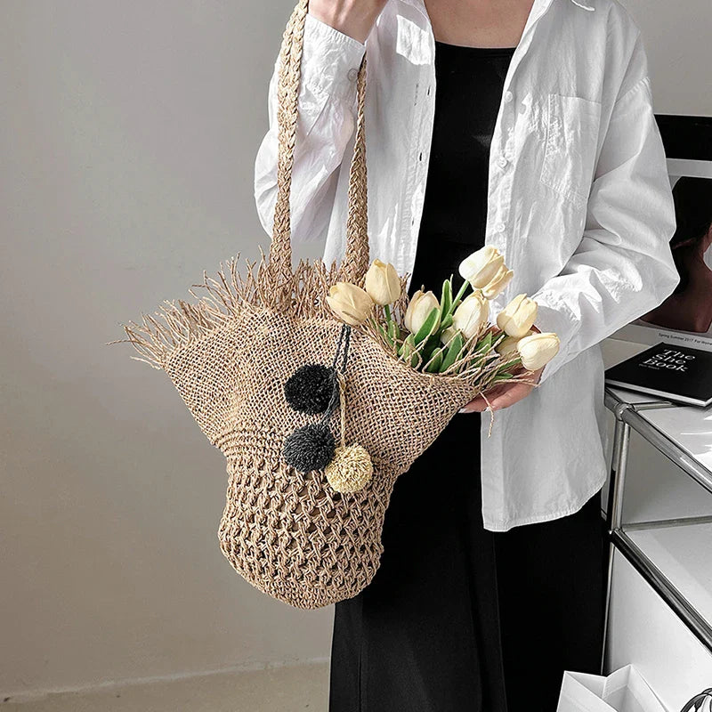 Large Straw Bag Women – Handmade Beach Bag Summer Shopper