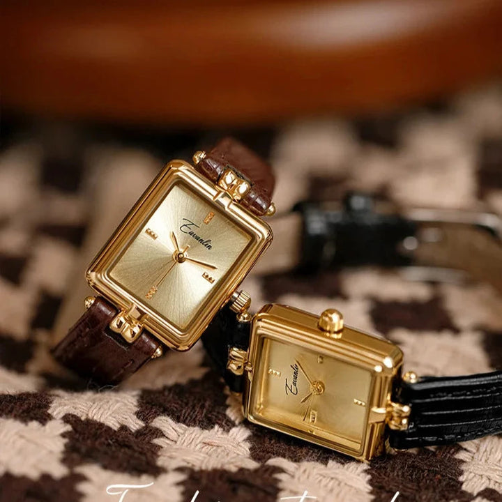 Women's Wristwatch with Golden Dial – Elegant Leather Strap