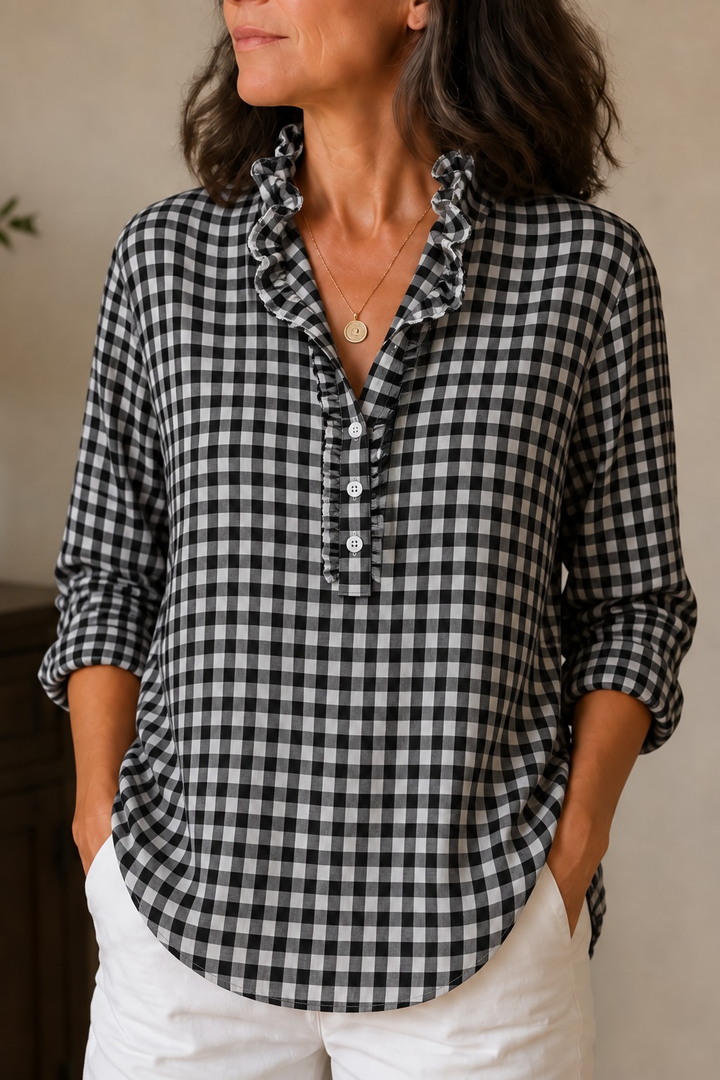 Damen Karo Bluse Mit Rüschenkragen