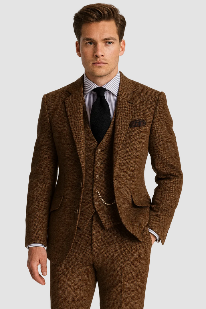 Retro three-piece suit for men – stylish vintage blazer, vest, and formal-style trousers