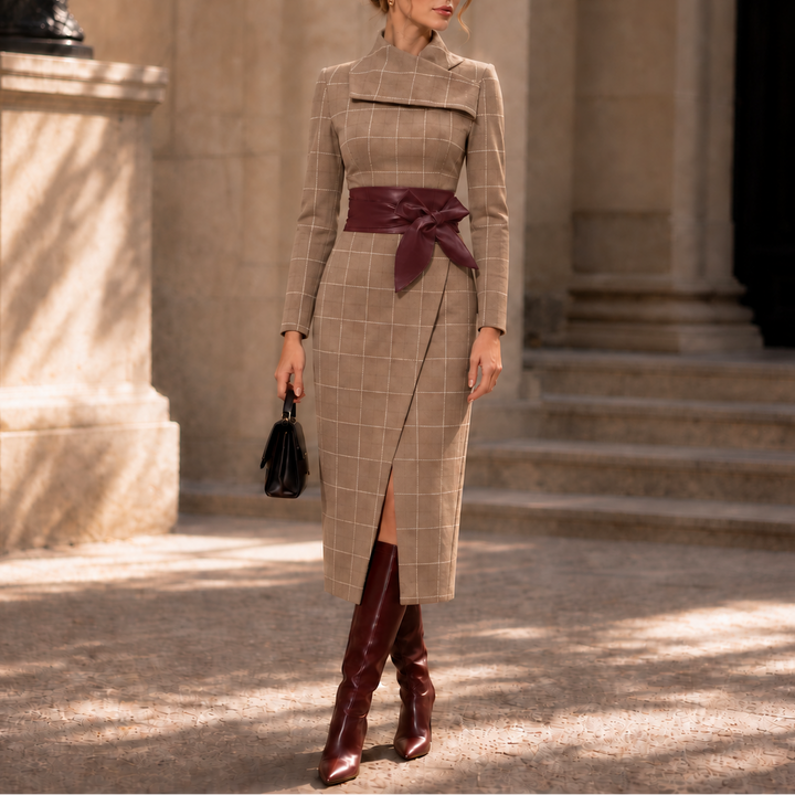 Damen Wickelkleid Struktur-Strick Midi