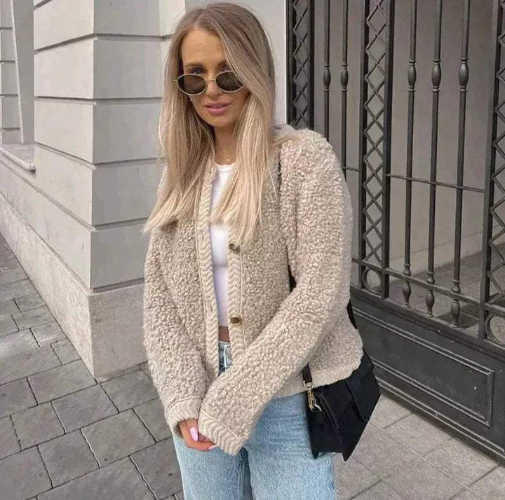 Women's Fleece Jacket with Buttons – Round Neck Cozy Casual Jacket